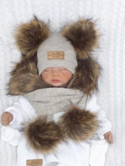 Komplet Czapka+szalik z pomponami różne rozmiary od 0 do 5lat z futerkiem piaskowy