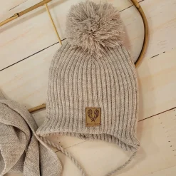 Komplet Czapka zimowa wiązana z pomponem + szalik z pomponami. Kolor piaskowy beż