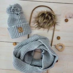 Komplet Czapka zimowa z pomponem 3w1 + szalik szary