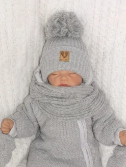 Komplet Czapka zimowa z pomponem 3w1 + szalik szary