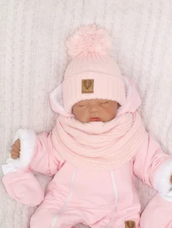 Komplet Czapka zimowa z pomponem 3w1 + szalik różowy