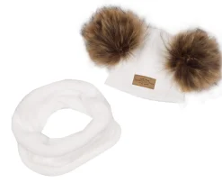 Komplet Czapka z pomponami z futerkiem + tuba biała