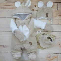 Komplet misiowy kombinezon + czapka + apaszka 56-86 beżowy