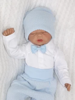 Kompletny zestaw chrzest wiosna jesień włóczkowy garnitur elegant niebieski ostatnie sztuki 56, 62, 74, 80, 86
