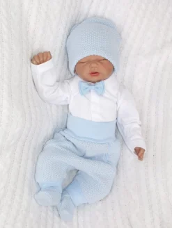 Kompletny zestaw chrzest wiosna jesień włóczkowy garnitur elegant niebieski ostatnie sztuki 56, 62, 74, 80, 86