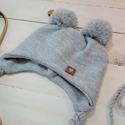 Komplet włóczkowy czapka wiązana + szalik + rękawiczki szary