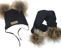 Komplet zimowy czapka wiązana z 2 pomponami + szalik 56-86 czarny
