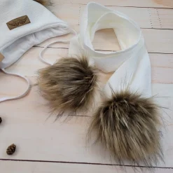 Komplet zimowy czapka wiązana z 2 pomponami + szalik 56-86 white