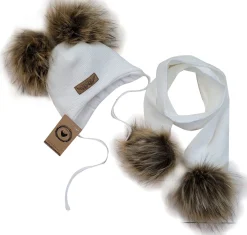 Komplet zimowy czapka wiązana z 2 pomponami + szalik 56-86 white