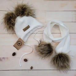 Komplet zimowy czapka wiązana z 2 pomponami + szalik 56-86 white