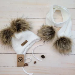 Komplet zimowy czapka wiązana z 2 pomponami + szalik 56-86 white