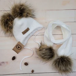 Komplet zimowy czapka wiązana z 2 pomponami + szalik 56-86 white