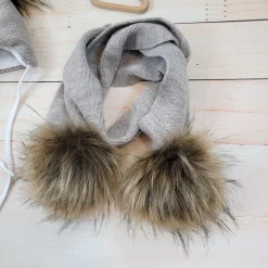 Komplet zimowy czapka wiązana z 2 pomponami + szalik 56-86 piaskowy