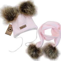 Komplet zimowy czapka wiązana z 2 pomponami + szalik 56-86 różowy