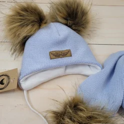 Komplet zimowy czapka wiązana z 2 pomponami + szalik 56-86 błękitna