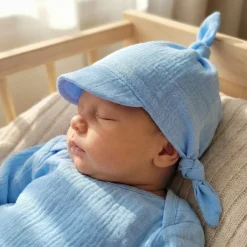 Letnia czapeczka muślinowa wiązana 56-86 błękitna baby blue