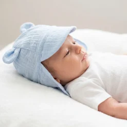 Muślinowa czapka na lato z uszkami niemowlęca rozmiar 0-6miesięcy 6-12miesięcy 12+ błękitna