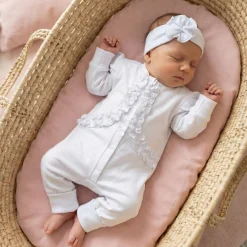 Nowoczesny elegancki pajacyk bawełniany z falbanką+opaska 56-62 biały