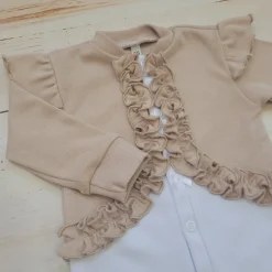 Nowoczesny elegancki pajacyk bawełniany z falbanką+opaska 56-62 beżowy