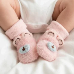 Skarpetki bezuciskowe zimowe miś 0-18m różowe