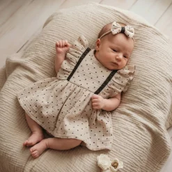 Sukienka + opaska muślinowa krótki rękaw w kropki 56-86 cloud beige