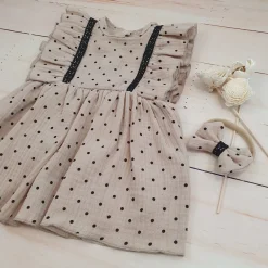 Sukienka + opaska muślinowa krótki rękaw w kropki 56-86 cloud beige