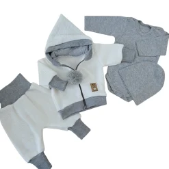Włóczkowy 4 cz dres baggy niemowlęcy kolor biało-szary ostatnie sztuki 62, 68, 74, 86