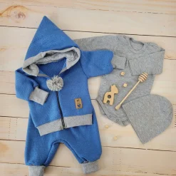 Włóczkowy 4 cz dres baggy niemowlęcy kolor jeans-szary ostatnie sztuki 56, 62, 80