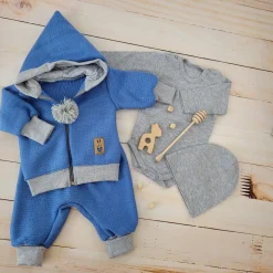 Włóczkowy 4 cz dres baggy niemowlęcy kolor jeans-szary ostatnie sztuki 56, 62, 80