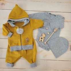 Włóczkowy 4 cz dres baggy niemowlęcy kolor musztardowo-szary ostatnie sztuki 56-86