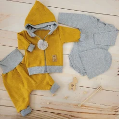 Włóczkowy 4 cz dres baggy niemowlęcy kolor musztardowo-szary ostatnie sztuki 56-86