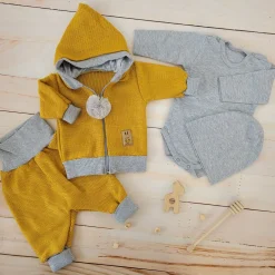 Włóczkowy 4 cz dres baggy niemowlęcy kolor musztardowo-szary ostatnie sztuki 56-86