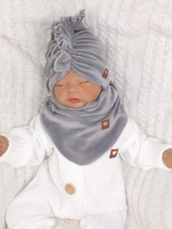 Welurowa Czapka turban + chustka rozmiar 0-6miesięcy 6-12miesięcy 1-3lat szara