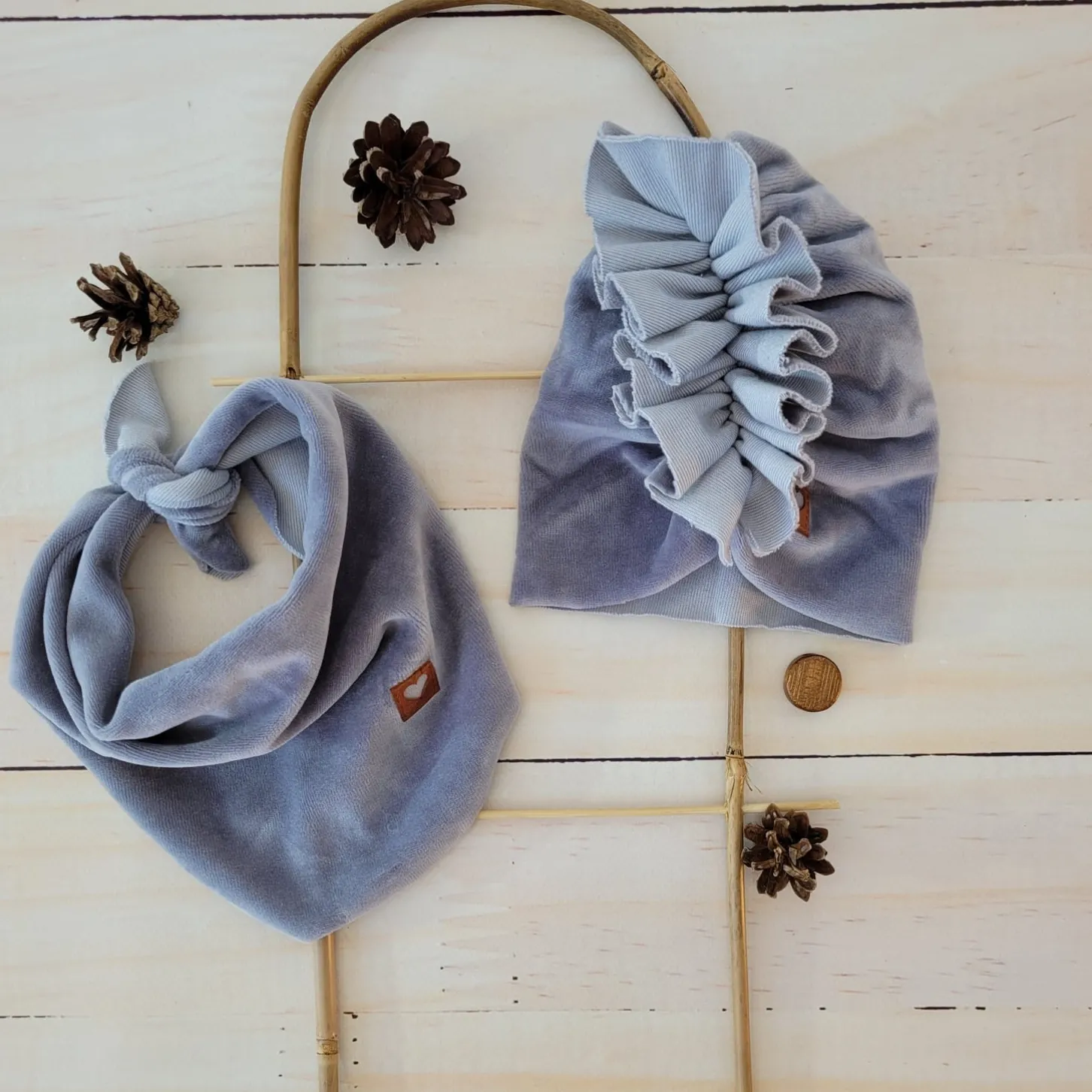 Welurowa Czapka turban + chustka rozmiar 0-6miesięcy 6-12miesięcy 1-3lat szara