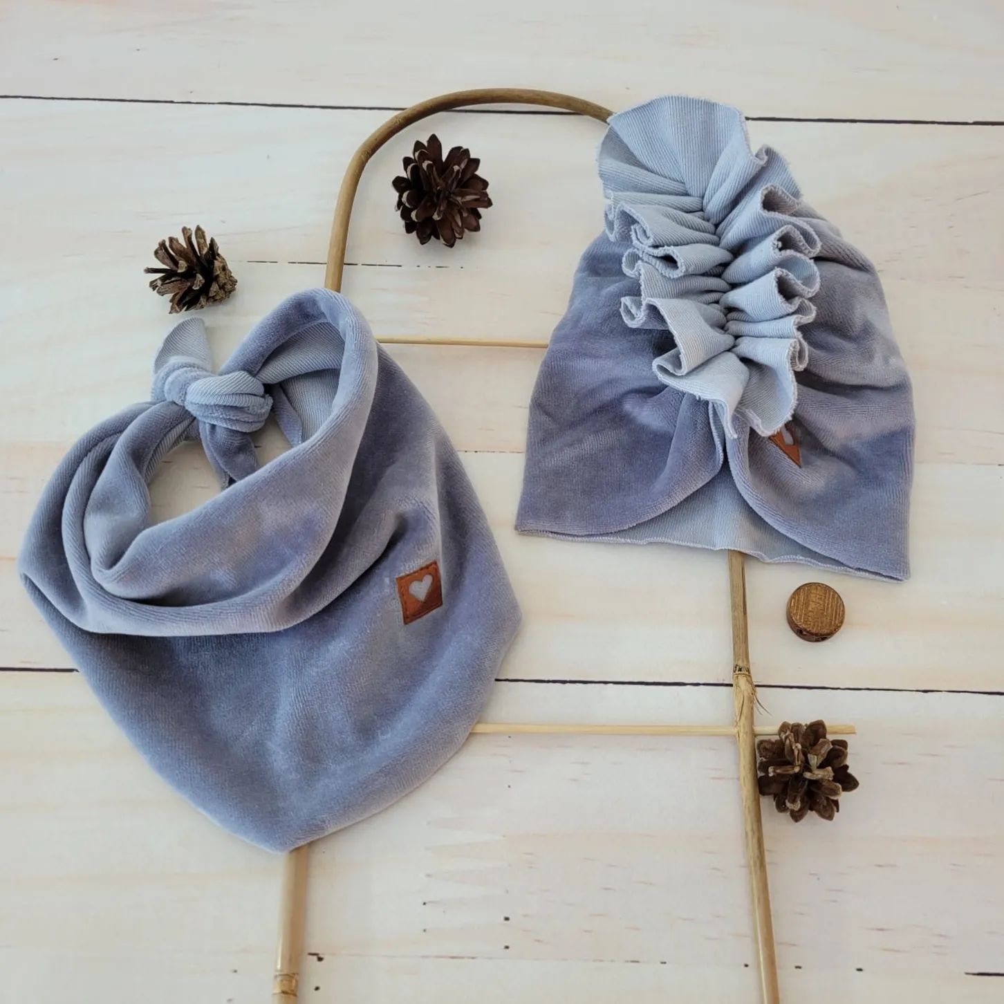 Welurowa Czapka turban + chustka rozmiar 0-6miesięcy 6-12miesięcy 1-3lat szara