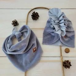 Welurowa Czapka turban + chustka rozmiar 0-6miesięcy 6-12miesięcy 1-3lat szara