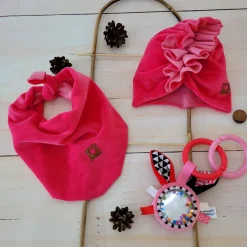 Welurowa Czapka turban + chustka rozmiar 0-6miesięcy 6-12miesięcy 1-3lat amarantowa