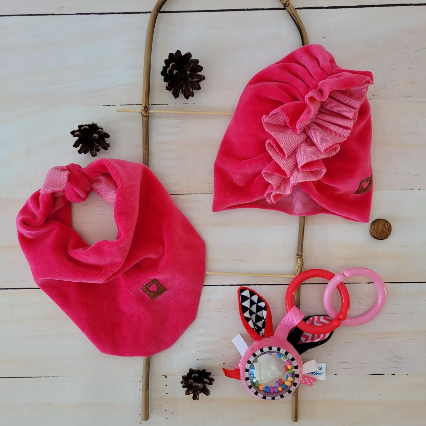 Welurowa Czapka turban + chustka rozmiar 0-6miesięcy 6-12miesięcy 1-3lat amarantowa