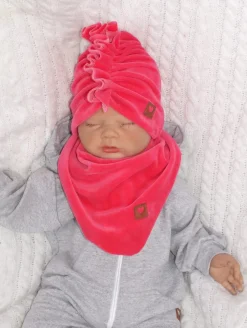 Welurowa Czapka turban + chustka rozmiar 0-6miesięcy 6-12miesięcy 1-3lat amarantowa