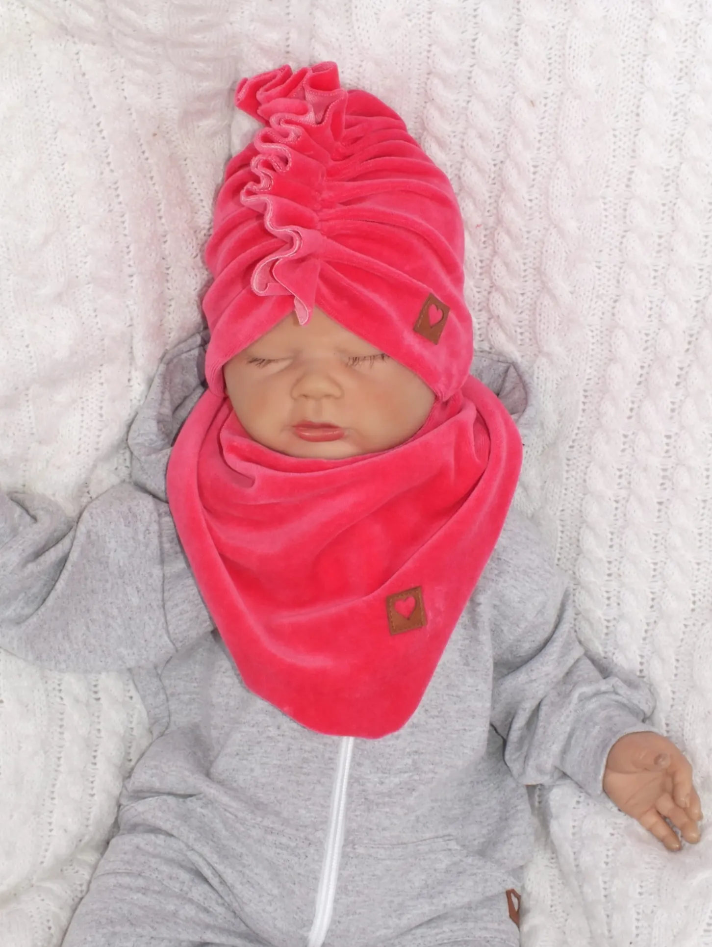 Welurowa Czapka turban + chustka rozmiar 0-6miesięcy 6-12miesięcy 1-3lat amarantowa