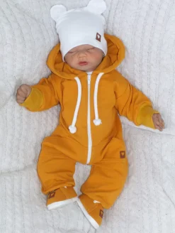 Zestaw kombinezon z kapturem pajac + czapka + buty 56-86 musztardowy